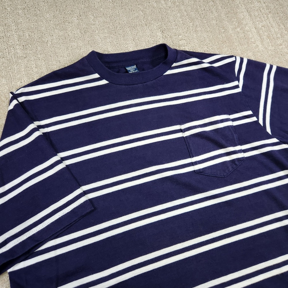 Vintage Lands End Pocket Tee Shirt Men Large *READ Single Stitch Striped USA